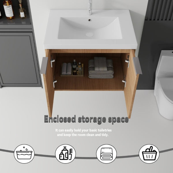 English Elm 24 Inch Floating Bathroom Vanity Glossy Ceramic Sink Plywood Soft Close Cabinet Oak - B B2775S00071