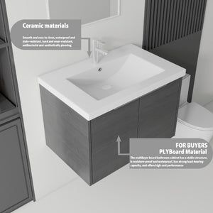 English Elm 30 Inch Wall Mounted Floating Vanity with Ceramic Sink Soft Close Plywood Cabinet Grey - B B2775S00072