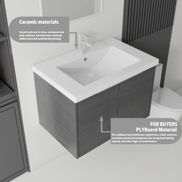 English Elm 30 Inch Wall Mounted Floating Vanity with Ceramic Sink Soft Close Plywood Cabinet Grey - B B2775S00072