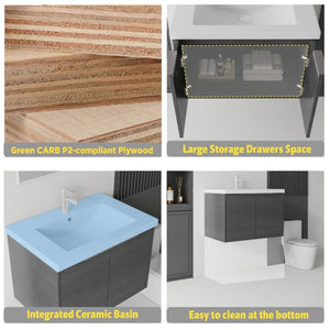 English Elm 30 Inch Wall Mounted Floating Vanity with Ceramic Sink Soft Close Plywood Cabinet Grey - B B2775S00072