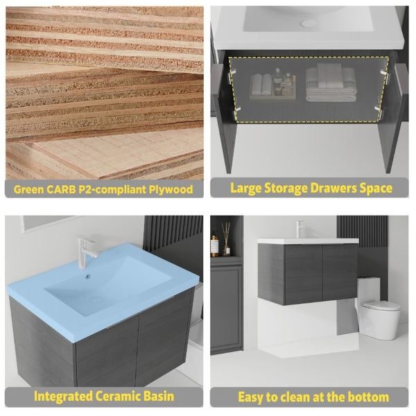 English Elm 30 Inch Wall Mounted Floating Vanity with Ceramic Sink Soft Close Plywood Cabinet Grey - B B2775S00072