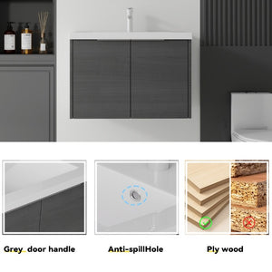 English Elm 30 Inch Wall Mounted Floating Vanity with Ceramic Sink Soft Close Plywood Cabinet Grey - B B2775S00072