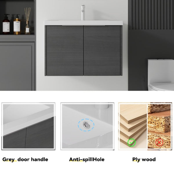 English Elm 30 Inch Wall Mounted Floating Vanity with Ceramic Sink Soft Close Plywood Cabinet Grey - B B2775S00072