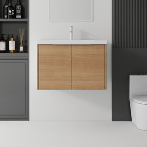 English Elm 30 Inch Wall Mounted Floating Vanity with Ceramic Sink Soft Close Plywood Cabinet Oak - B B2775S00073