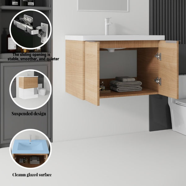 English Elm 30 Inch Wall Mounted Floating Vanity with Ceramic Sink Soft Close Plywood Cabinet Oak - B B2775S00073
