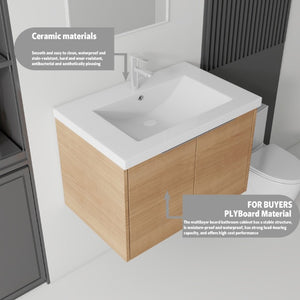 English Elm 30 Inch Wall Mounted Floating Vanity with Ceramic Sink Soft Close Plywood Cabinet Oak - B B2775S00073