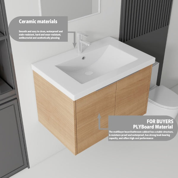 English Elm 30 Inch Wall Mounted Floating Vanity with Ceramic Sink Soft Close Plywood Cabinet Oak - B B2775S00073