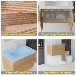 English Elm 30 Inch Wall Mounted Floating Vanity with Ceramic Sink Soft Close Plywood Cabinet Oak - B B2775S00073