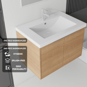English Elm 30 Inch Wall Mounted Floating Vanity with Ceramic Sink Soft Close Plywood Cabinet Oak - B B2775S00073