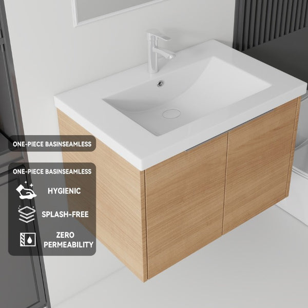 English Elm 30 Inch Wall Mounted Floating Vanity with Ceramic Sink Soft Close Plywood Cabinet Oak - B B2775S00073