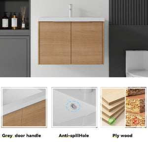 English Elm 30 Inch Wall Mounted Floating Vanity with Ceramic Sink Soft Close Plywood Cabinet Oak - B B2775S00073