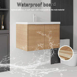 English Elm 30 Inch Wall Mounted Floating Vanity with Ceramic Sink Soft Close Plywood Cabinet Oak - B B2775S00073