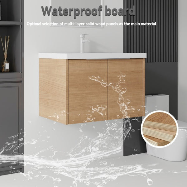 English Elm 30 Inch Wall Mounted Floating Vanity with Ceramic Sink Soft Close Plywood Cabinet Oak - B B2775S00073