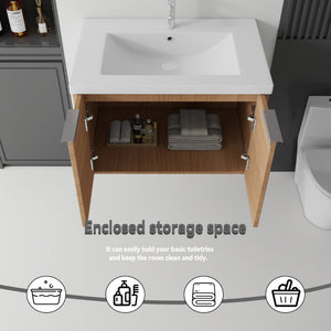 English Elm 30 Inch Wall Mounted Floating Vanity with Ceramic Sink Soft Close Plywood Cabinet Oak - B B2775S00073