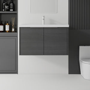 English Elm 36 Inch Wall Mounted Floating Vanity with Ceramic Sink Plywood Cabinet Soft Close Grey - B B2775S00074