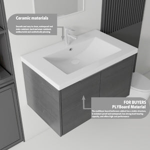 English Elm 36 Inch Wall Mounted Floating Vanity with Ceramic Sink Plywood Cabinet Soft Close Grey - B B2775S00074
