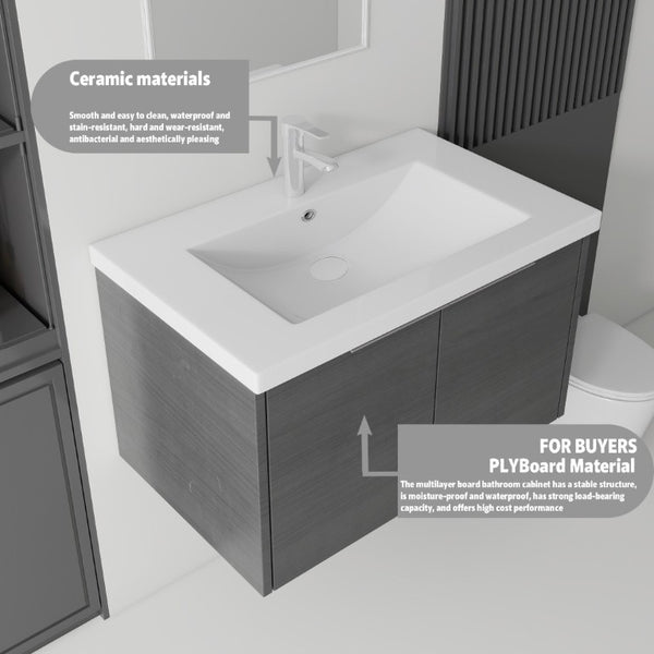 English Elm 36 Inch Wall Mounted Floating Vanity with Ceramic Sink Plywood Cabinet Soft Close Grey - B B2775S00074