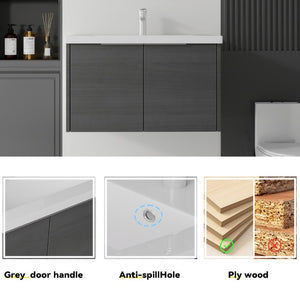 English Elm 36 Inch Wall Mounted Floating Vanity with Ceramic Sink Plywood Cabinet Soft Close Grey - B B2775S00074