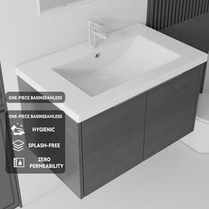 English Elm 36 Inch Wall Mounted Floating Vanity with Ceramic Sink Plywood Cabinet Soft Close Grey - B B2775S00074