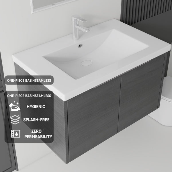 English Elm 36 Inch Wall Mounted Floating Vanity with Ceramic Sink Plywood Cabinet Soft Close Grey - B B2775S00074