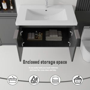 English Elm 36 Inch Wall Mounted Floating Vanity with Ceramic Sink Plywood Cabinet Soft Close Grey - B B2775S00074