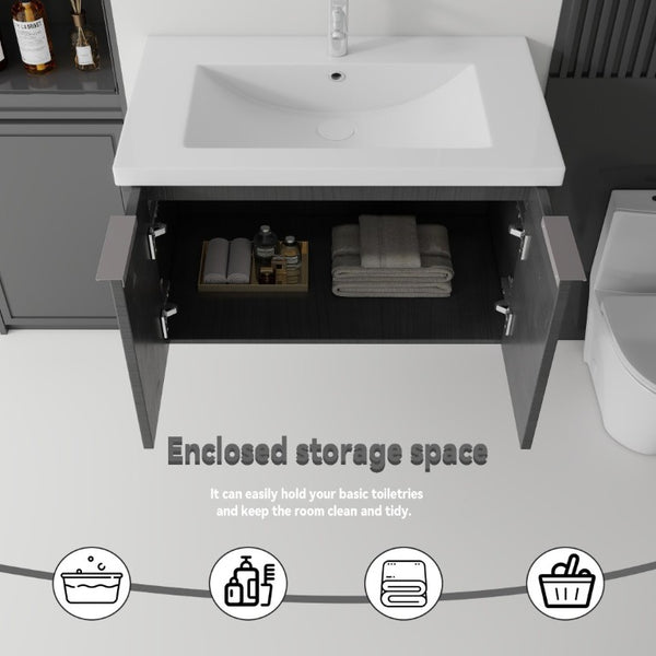 English Elm 36 Inch Wall Mounted Floating Vanity with Ceramic Sink Plywood Cabinet Soft Close Grey - B B2775S00074