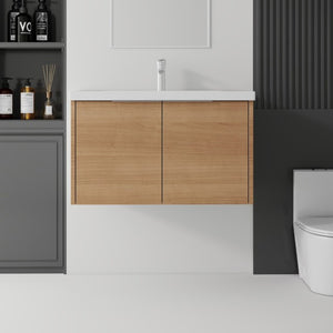English Elm 36 Inch Wall Mounted Floating Vanity with Ceramic Sink Plywood Cabinet Soft Close Oak - B B2775S00075