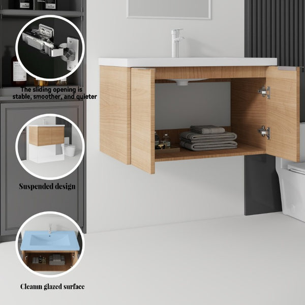 English Elm 36 Inch Wall Mounted Floating Vanity with Ceramic Sink Plywood Cabinet Soft Close Oak - B B2775S00075