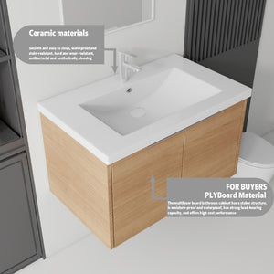 English Elm 36 Inch Wall Mounted Floating Vanity with Ceramic Sink Plywood Cabinet Soft Close Oak - B B2775S00075