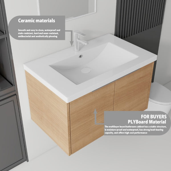English Elm 36 Inch Wall Mounted Floating Vanity with Ceramic Sink Plywood Cabinet Soft Close Oak - B B2775S00075