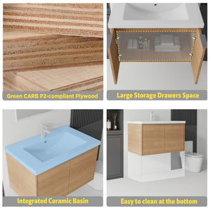 English Elm 36 Inch Wall Mounted Floating Vanity with Ceramic Sink Plywood Cabinet Soft Close Oak - B B2775S00075