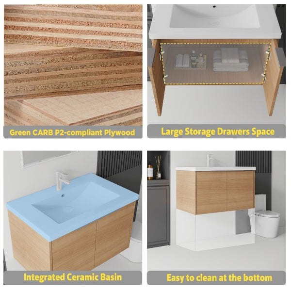 English Elm 36 Inch Wall Mounted Floating Vanity with Ceramic Sink Plywood Cabinet Soft Close Oak - B B2775S00075