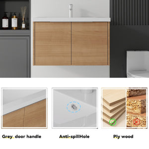 English Elm 36 Inch Wall Mounted Floating Vanity with Ceramic Sink Plywood Cabinet Soft Close Oak - B B2775S00075