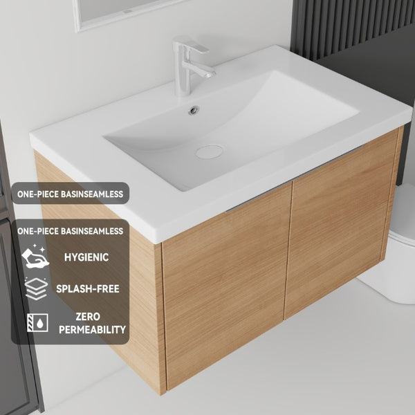 English Elm 36 Inch Wall Mounted Floating Vanity with Ceramic Sink Plywood Cabinet Soft Close Oak - B B2775S00075