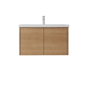 English Elm 36 Inch Wall Mounted Floating Vanity with Ceramic Sink Plywood Cabinet Soft Close Oak - B B2775S00075