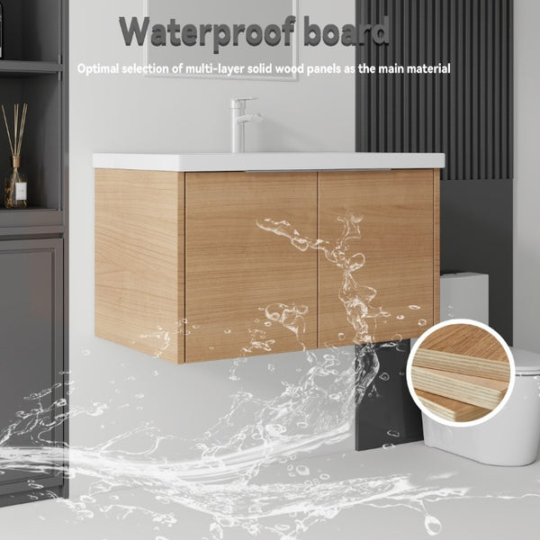 English Elm 36 Inch Wall Mounted Floating Vanity with Ceramic Sink Plywood Cabinet Soft Close Oak - B B2775S00075