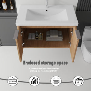 English Elm 36 Inch Wall Mounted Floating Vanity with Ceramic Sink Plywood Cabinet Soft Close Oak - B B2775S00075