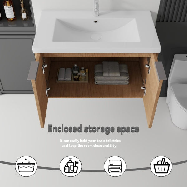 English Elm 36 Inch Wall Mounted Floating Vanity with Ceramic Sink Plywood Cabinet Soft Close Oak - B B2775S00075
