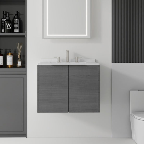 English Elm 24 Inch Floating Bathroom Vanity with Undermount Sink and Cultured Marble Top Grey Carrara White B2775S00076