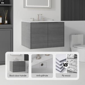English Elm 24 Inch Floating Bathroom Vanity with Undermount Sink and Cultured Marble Top Grey Carrara White B2775S00076