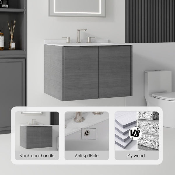English Elm 24 Inch Floating Bathroom Vanity with Undermount Sink and Cultured Marble Top Grey Carrara White B2775S00076