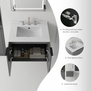 English Elm 24 Inch Floating Bathroom Vanity with Undermount Sink and Cultured Marble Top Grey Carrara White B2775S00076