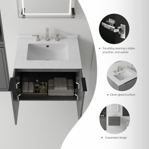 English Elm 24 Inch Floating Bathroom Vanity with Undermount Sink and Cultured Marble Top Grey Carrara White B2775S00076