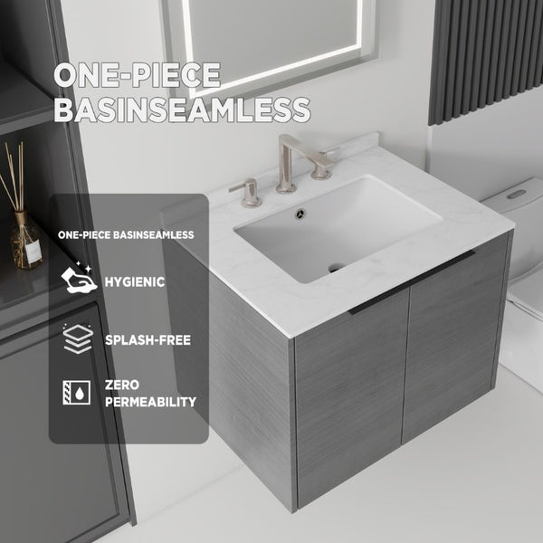 English Elm 24 Inch Floating Bathroom Vanity with Undermount Sink and Cultured Marble Top Grey Carrara White B2775S00076