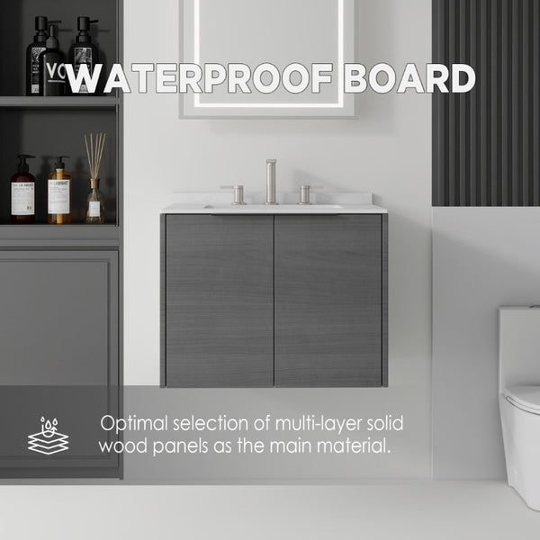 English Elm 24 Inch Floating Bathroom Vanity with Undermount Sink and Cultured Marble Top Grey Carrara White B2775S00076