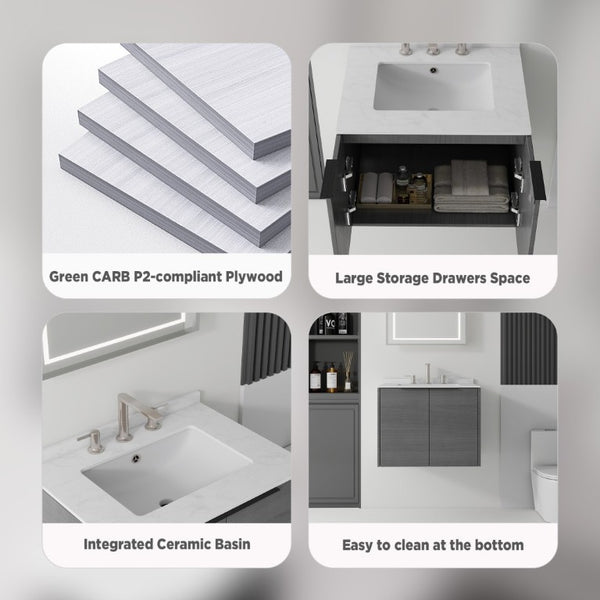 English Elm 24 Inch Floating Bathroom Vanity with Undermount Sink and Cultured Marble Top Grey Carrara White B2775S00076