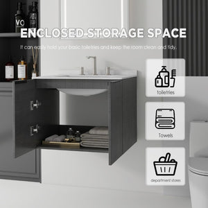 English Elm 24 Inch Floating Bathroom Vanity with Undermount Sink and Cultured Marble Top Grey Carrara White B2775S00076