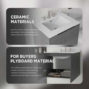 English Elm 24 Inch Floating Bathroom Vanity with Undermount Sink and Cultured Marble Top Grey Carrara White B2775S00076