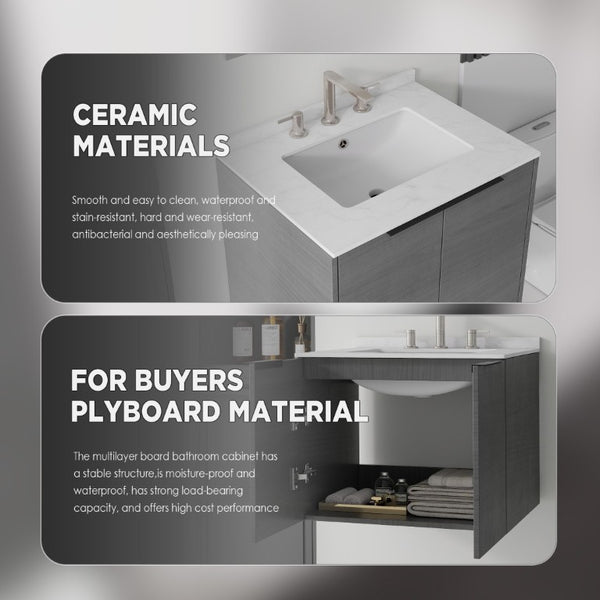 English Elm 24 Inch Floating Bathroom Vanity with Undermount Sink and Cultured Marble Top Grey Carrara White B2775S00076