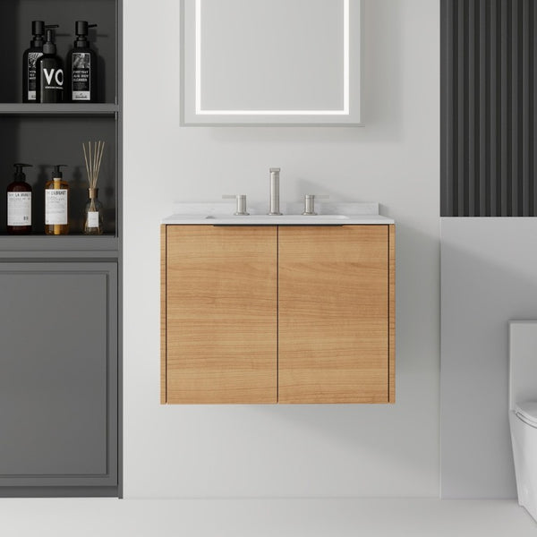 English Elm 24 Inch Floating Bathroom Vanity with Undermount Sink and Cultured Marble Top Oak Carrara White B2775S00077